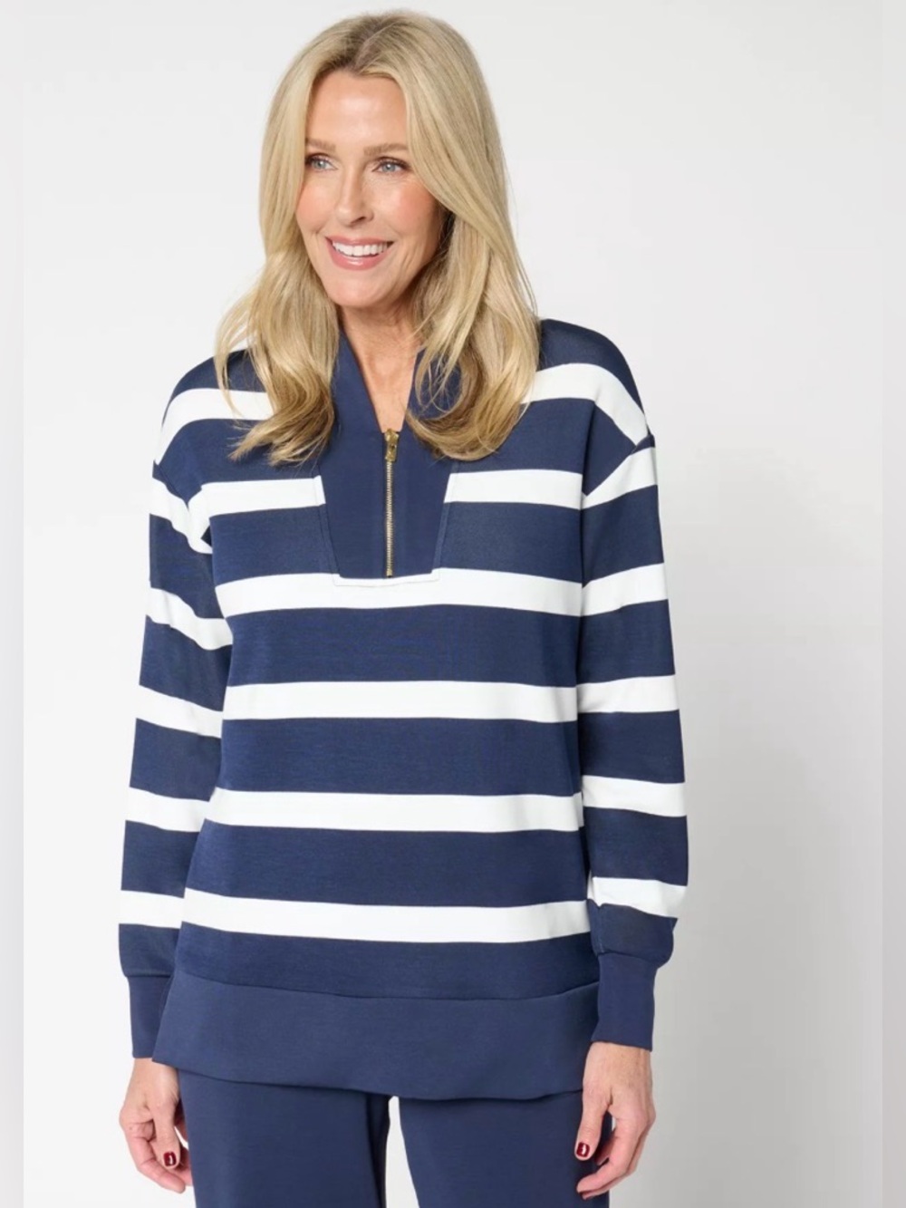 Belle by Kim Gravel Navy & White Striped Quarter -Zip Pullover